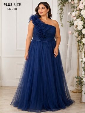 Plus Size Navy One Shoulder Tulle Corset Formal Gown Size 18